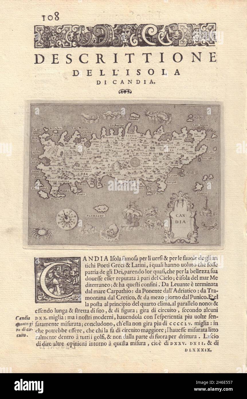 Descrizione dell' Isola di Candia. PORCACCHI. Creta 1590 vecchia mappa antica Foto Stock