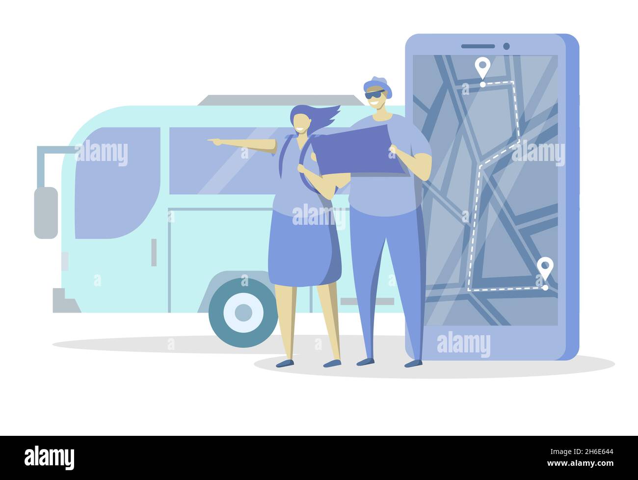 Coppia turistica, smartphone con app mobile per i trasporti pubblici, illustrazione vettoriale. Mappa della città, percorso dell'autobus. Servizi di autobus urbani Illustrazione Vettoriale