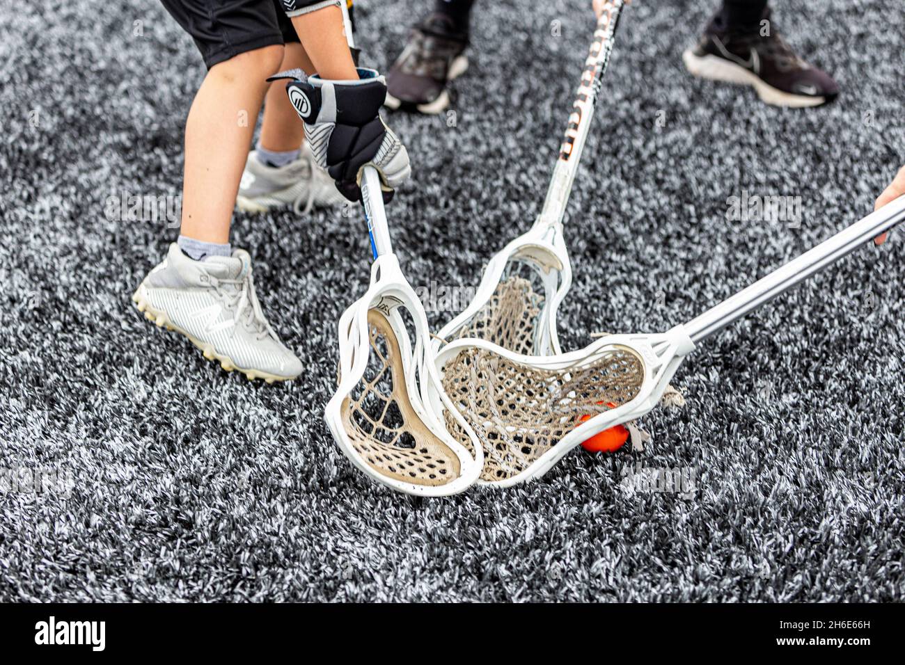 Guardando verso il basso su una palla nella tasca a rete di un bastone Lacrosse tenuto da un guanto nero su un campo sportivo artificiale di erba sintetica. Foto Stock