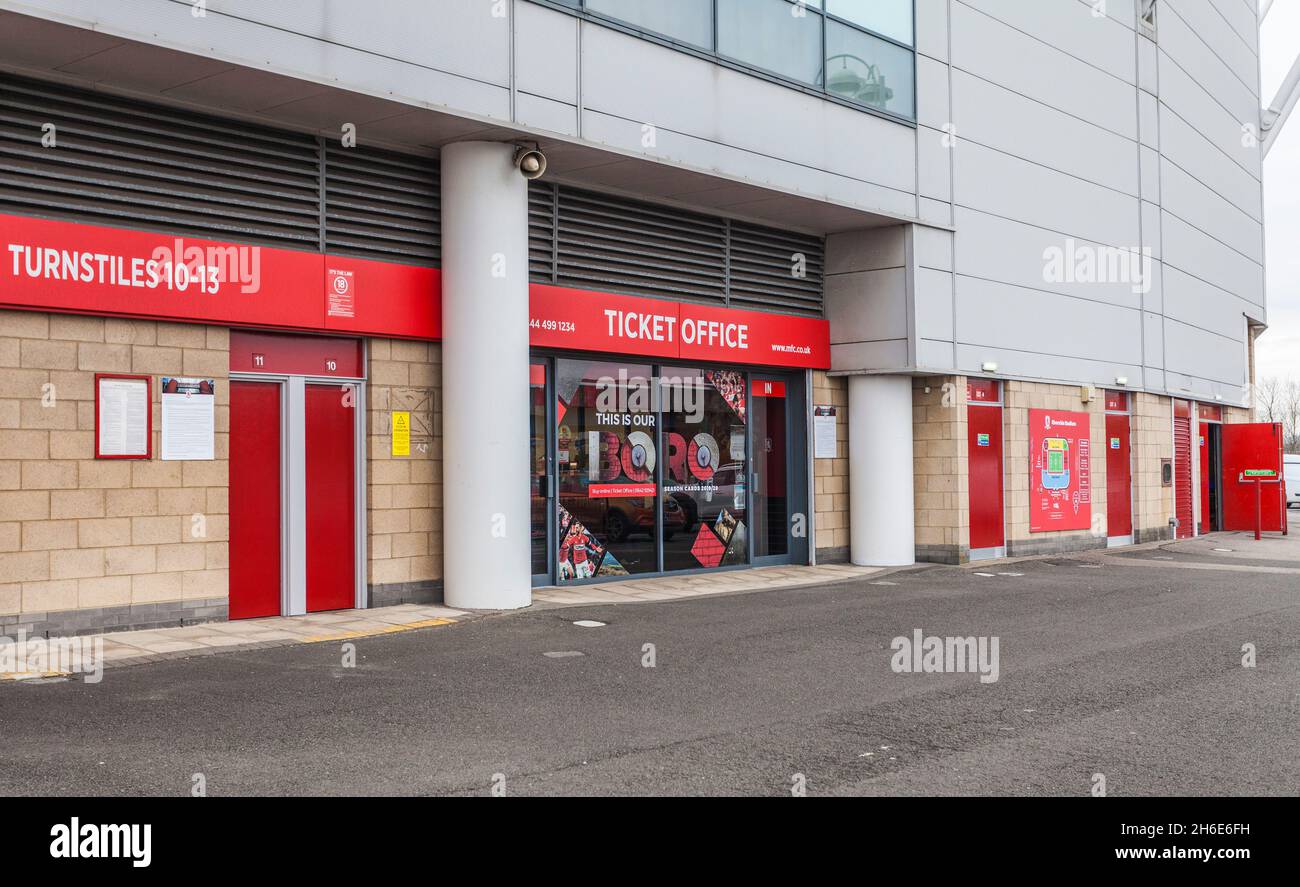 Il Riverside Stadium, sede del Middlesbrough Football Club, Inghilterra, Regno Unito. Biglietti d'ingresso e turnstyle Foto Stock