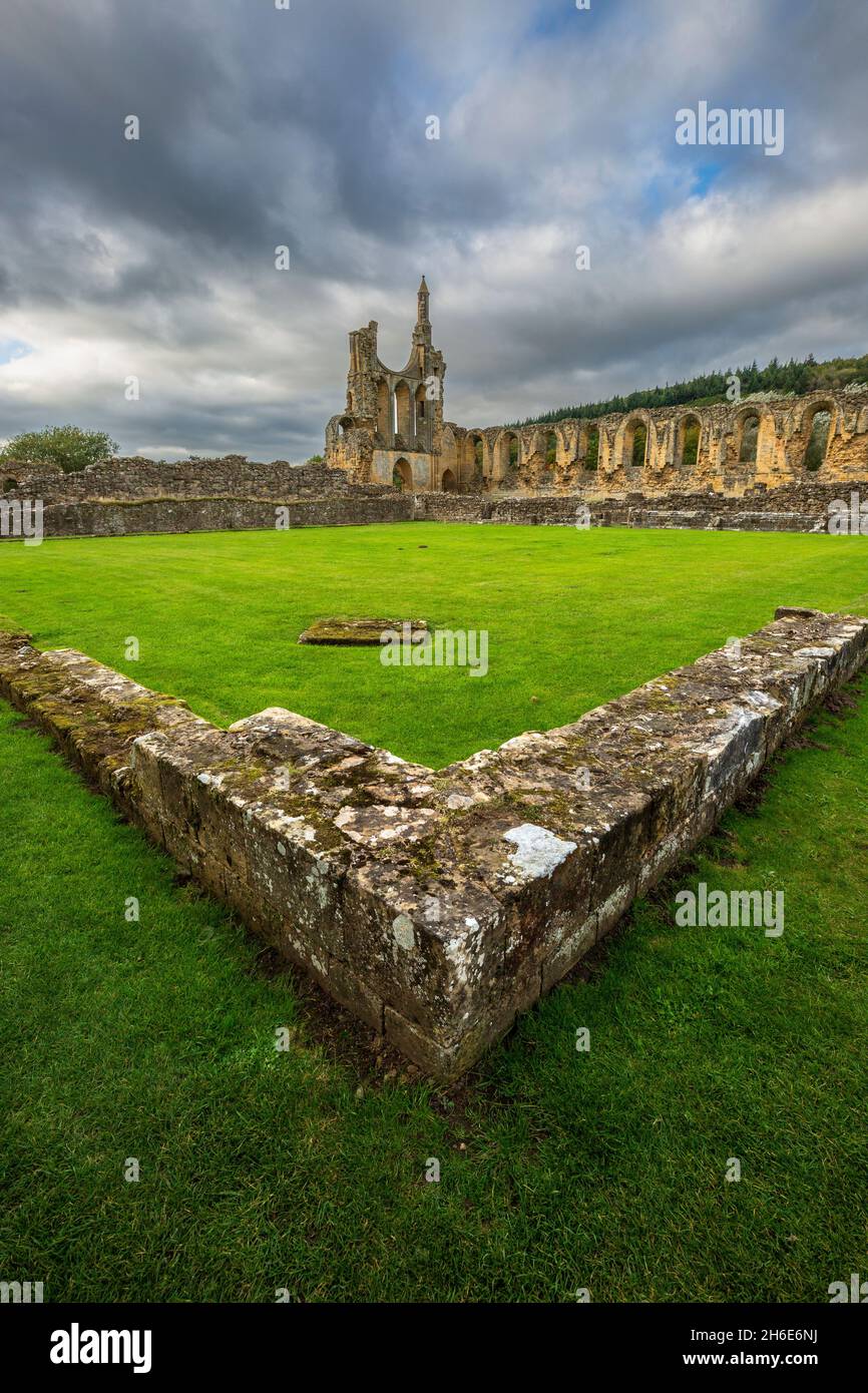 Le mura dei Cloisters in rovina a Byland Abbey nel North York Moors National Park, Yorkshire, Inghilterra Foto Stock