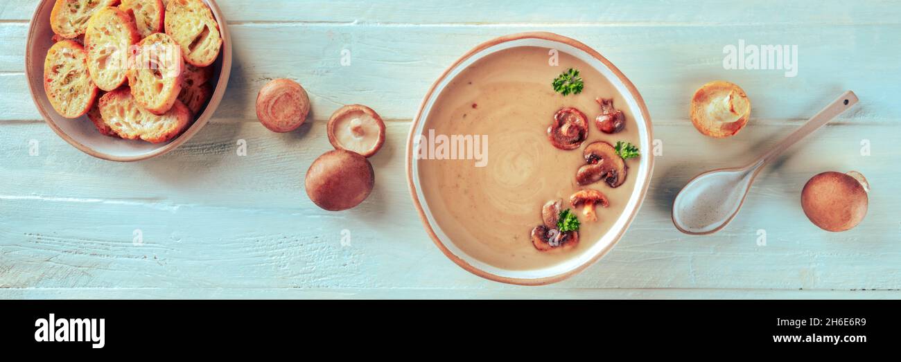 Panorama della zuppa di funghi, colpo di pane piatto con ingredienti e pane tostato, su un fondo rustico in legno di teal Foto Stock