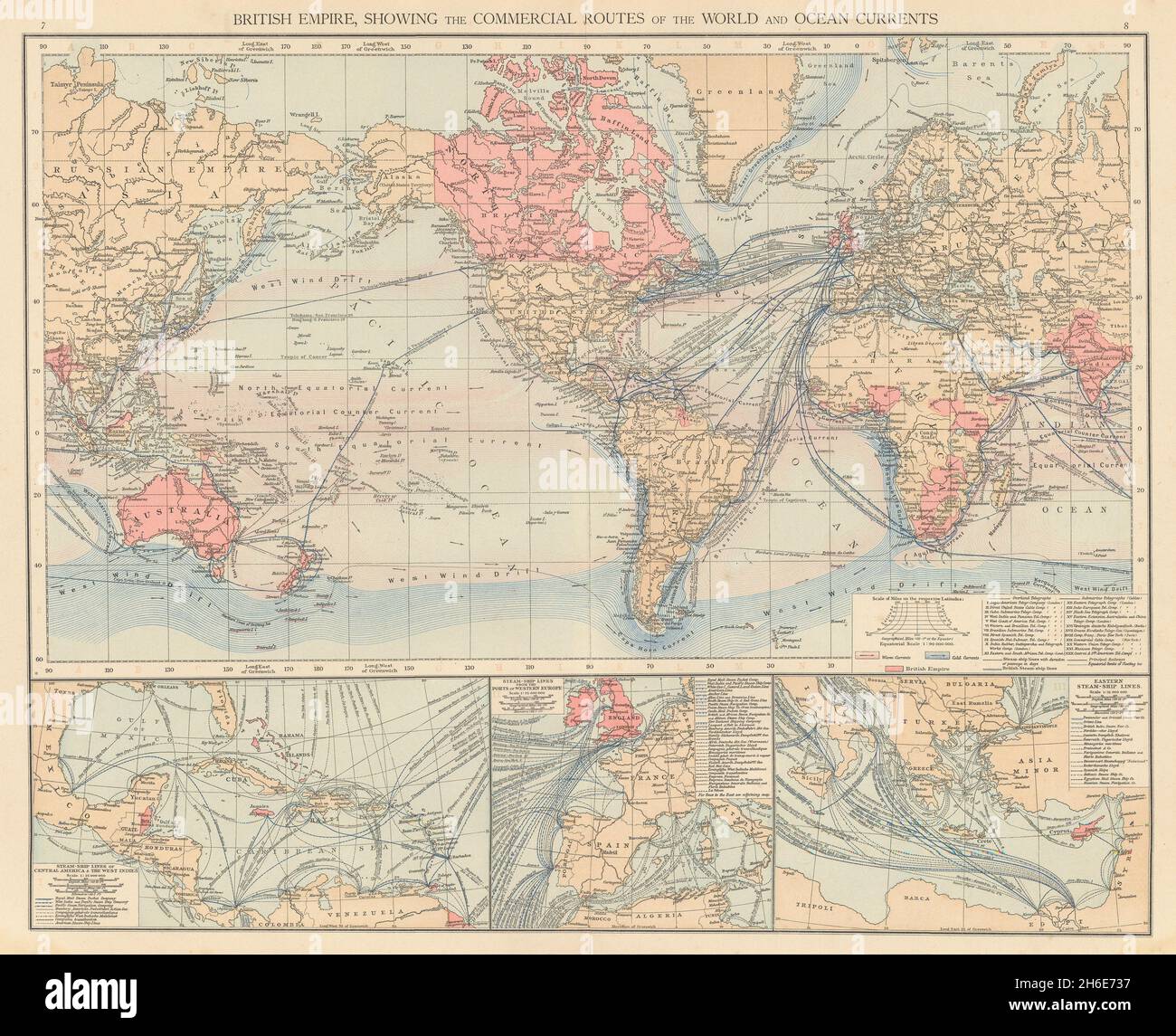 Impero britannico. Linee per navi a vapore. Correnti oceaniche. Mondo. LA mappa DI TIMES 1895 Foto Stock