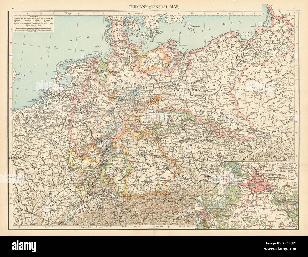 Germania. Polonia Prussia. Dintorni di Berlino. Benelux. LA VECCHIA mappa TIMES 1895 Foto Stock