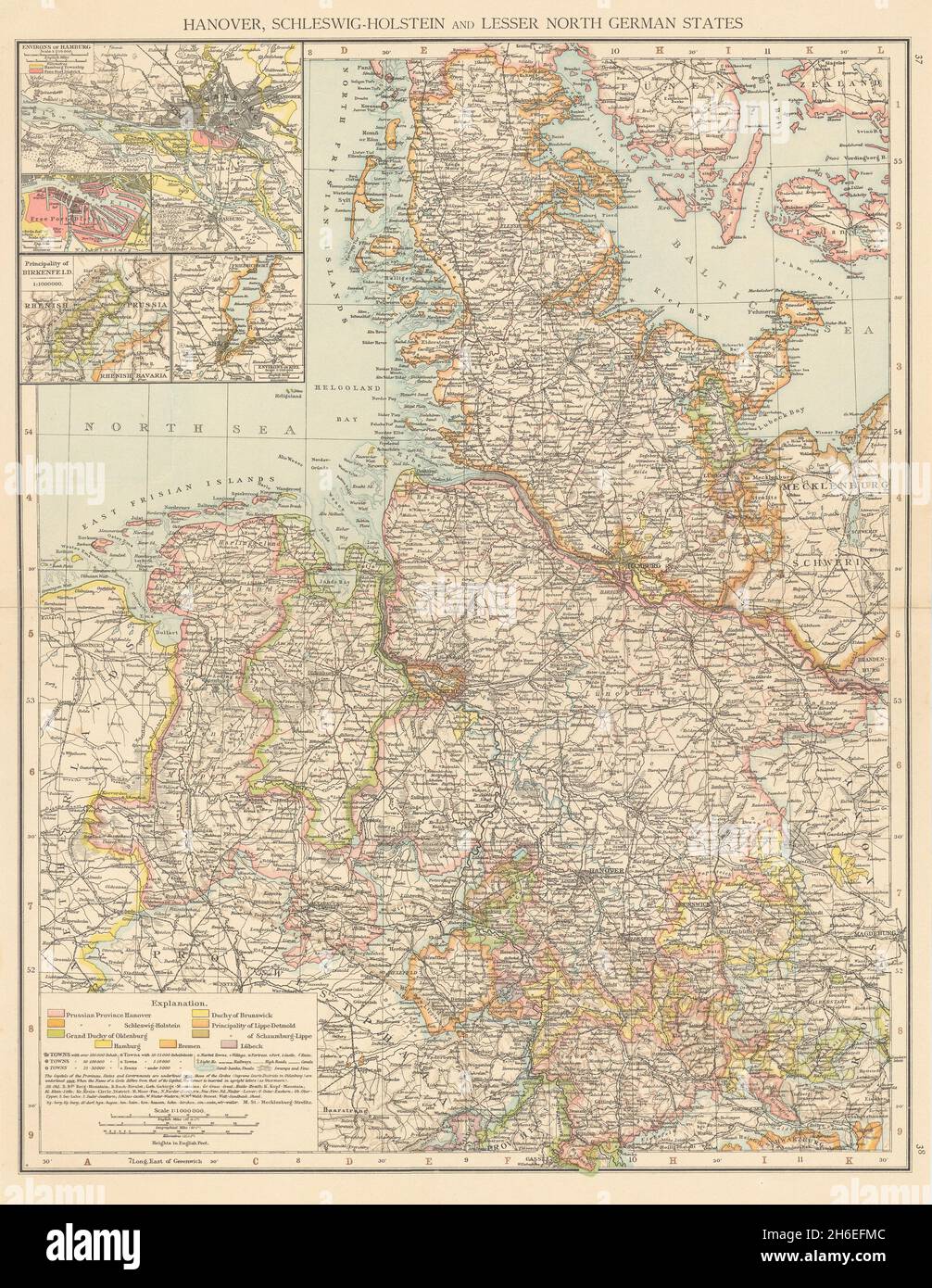 Germania settentrionale. Schleswig-Holstein. Amburgo. Bassa Sassonia. LA mappa DI TIMES 1895 Foto Stock