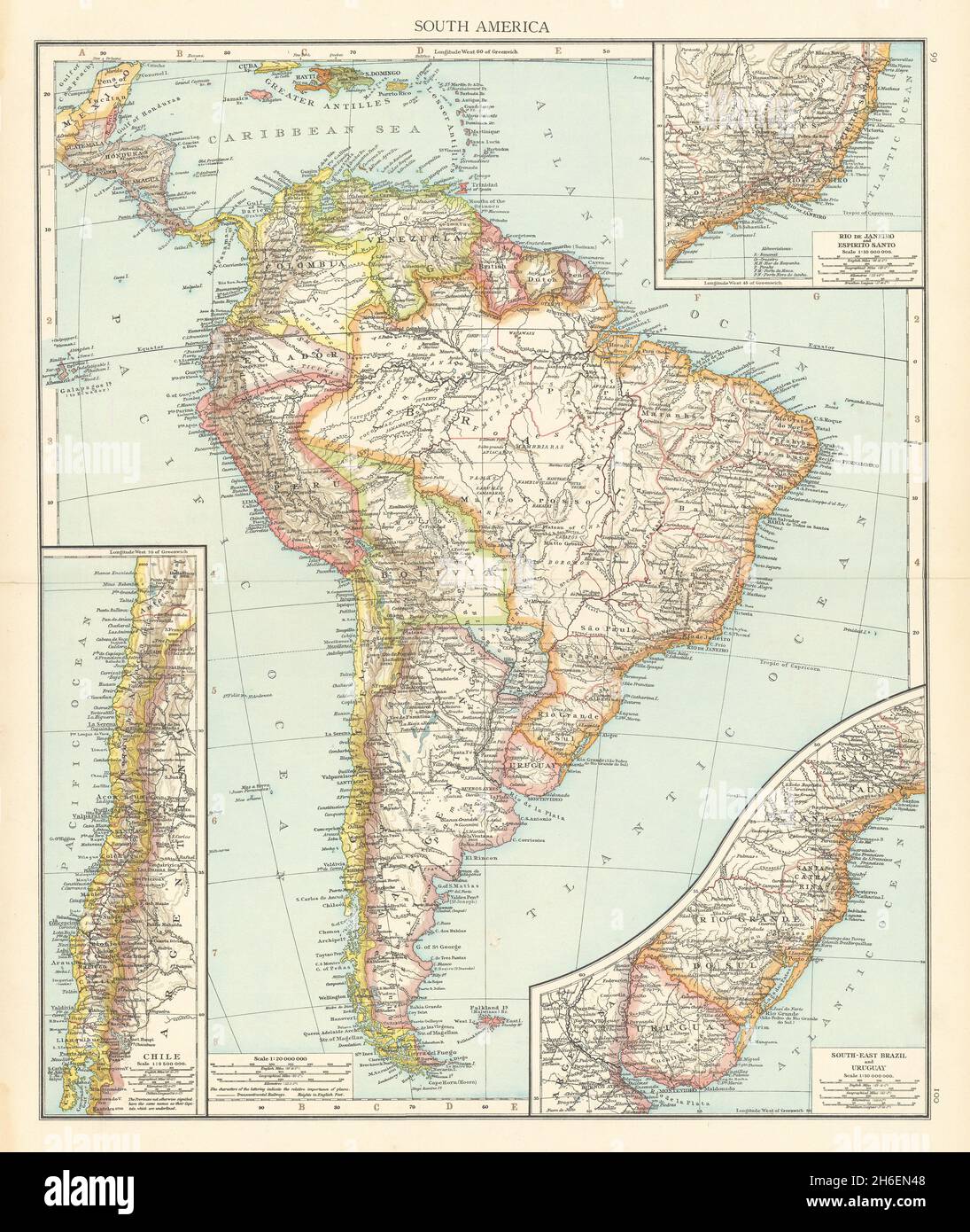Sud America. Cile Brasile Uruguay Argentina Perù. LA VECCHIA mappa TIMES 1895 Foto Stock