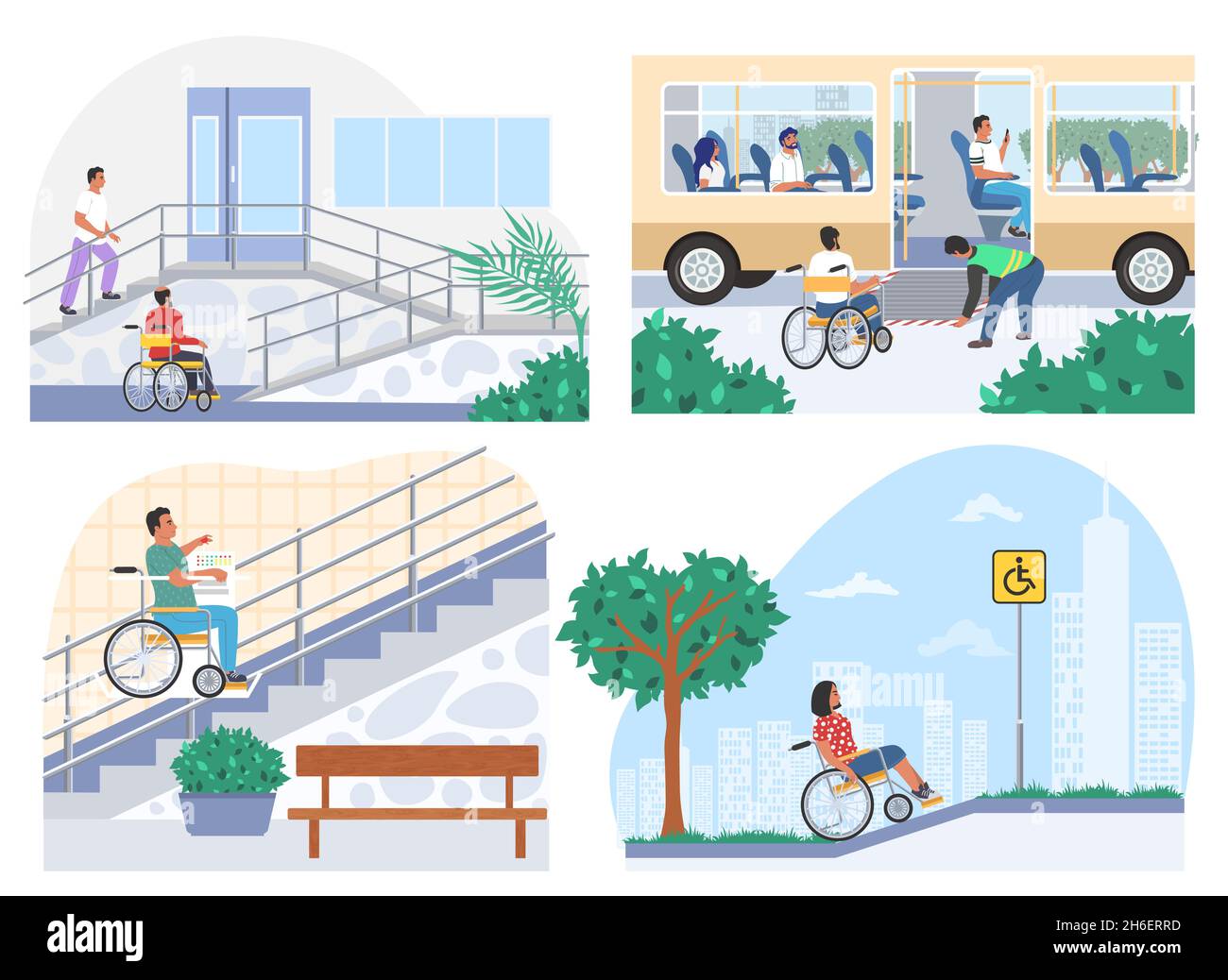 Persone in carrozzina che si spostano liberamente all'interno di luoghi pubblici della città accessibili ai disabili. Ambiente privo di barriere, vettore. Illustrazione Vettoriale