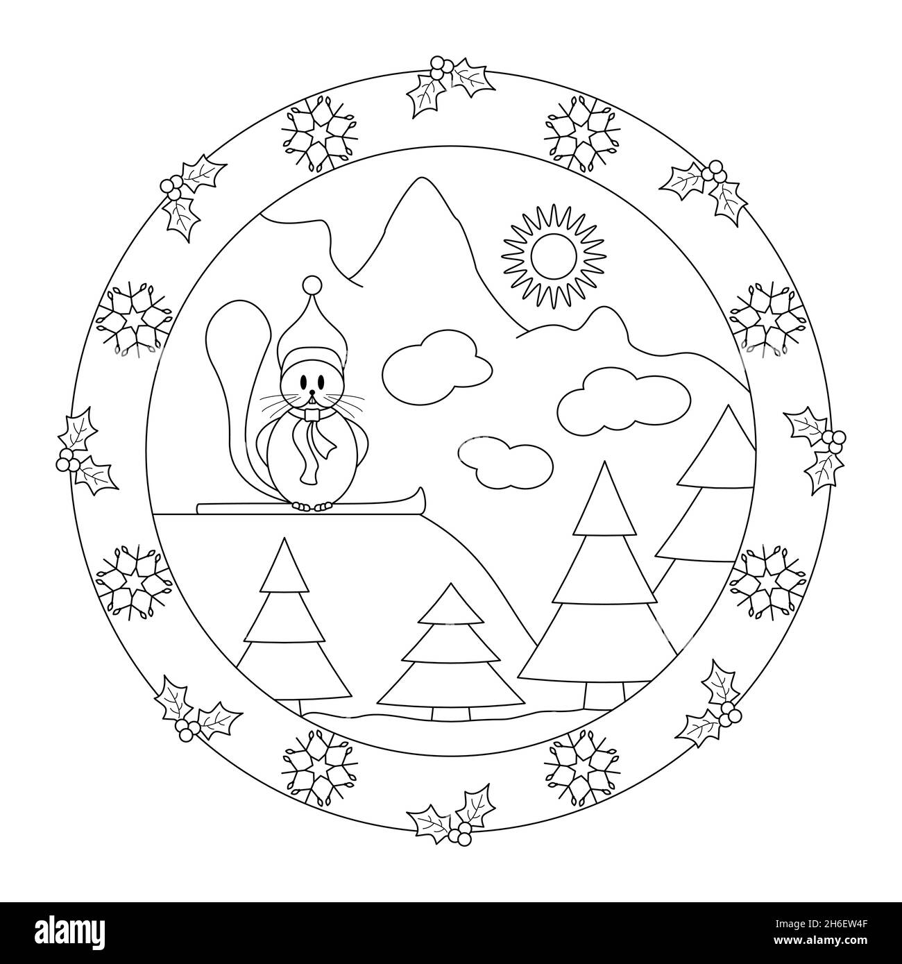 Piccolo castoro in cima alla montagna. Decorazioni con agrifoglio e fiocchi di neve. Mandala di Natale. Illustrazione vettoriale Illustrazione Vettoriale