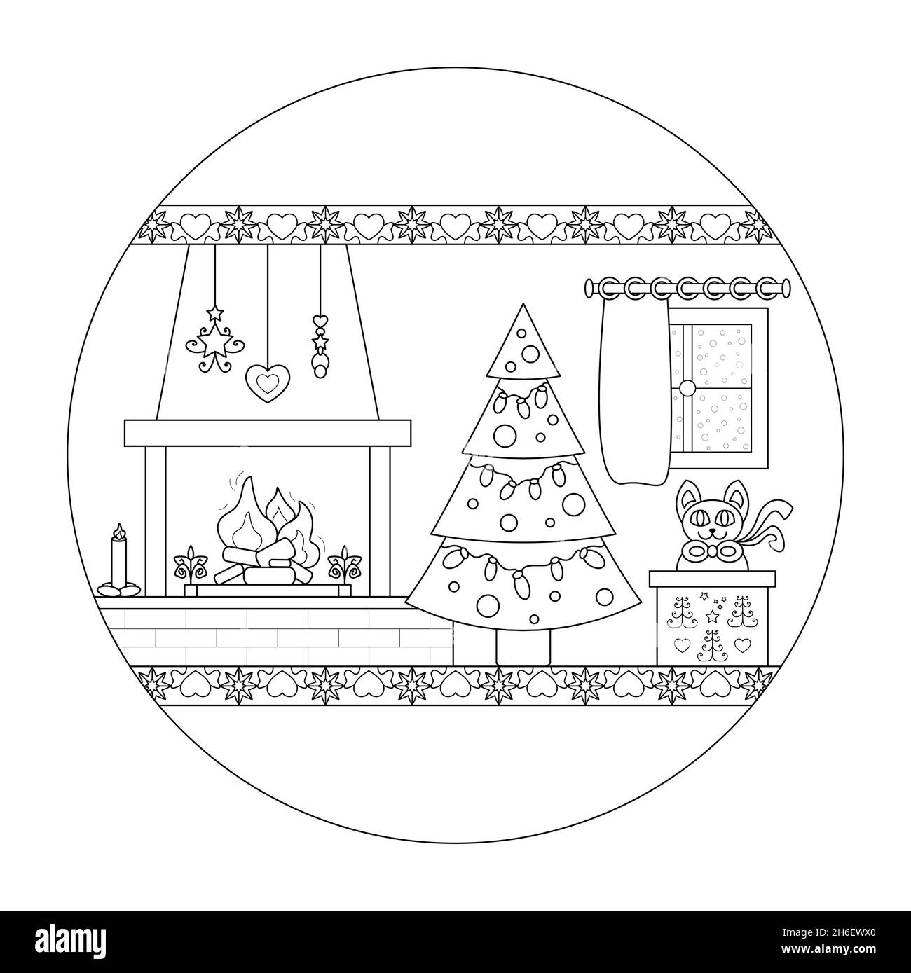 Camino a legna, albero di Natale e gatto che escono da una scatola regalo . Atmosfera confortevole. Mandala di Natale. Illustrazione vettoriale. Illustrazione Vettoriale