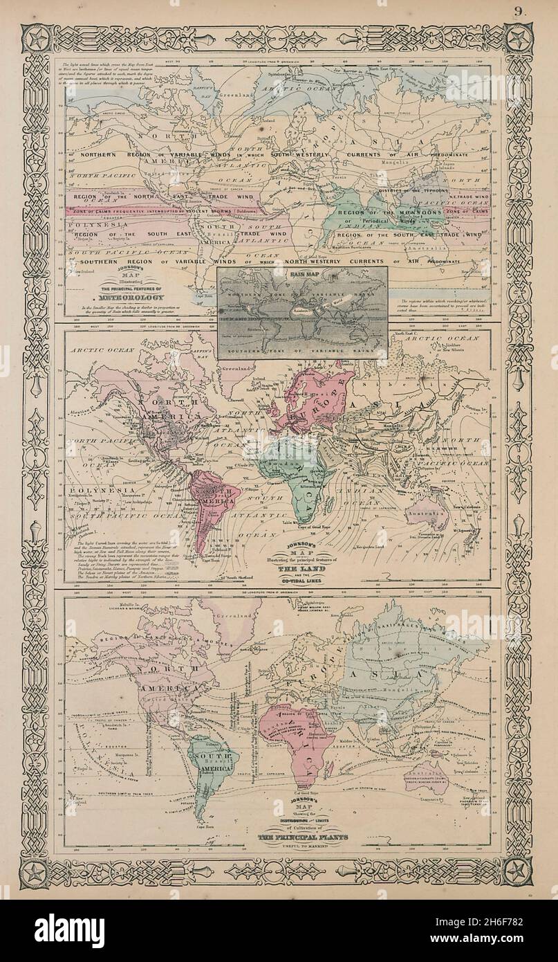 Meteorologia mondiale. Caratteristiche del terreno. Linee co-tidali. Agricoltura. MAPPA JOHNSON 1865 Foto Stock