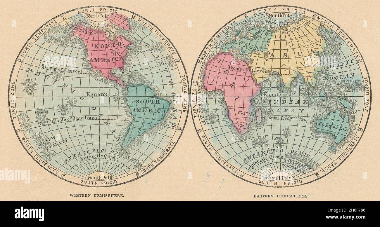 Mondo. Emisfero occidentale ed emisfero orientale. JOHNSON 1865 vecchia mappa antica Foto Stock