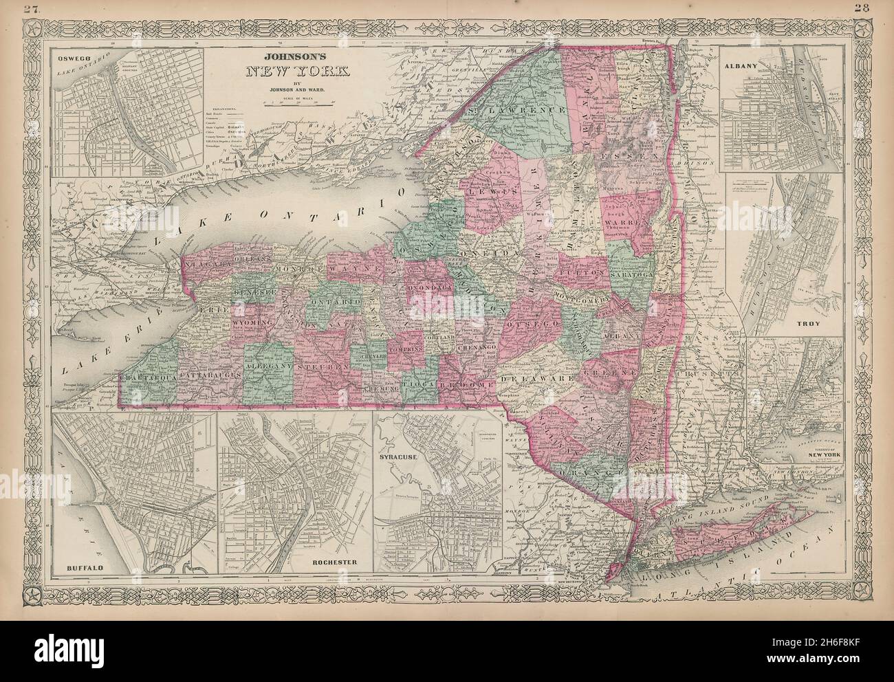 La mappa dello stato di New York di Johnson. Albany Troy Rochester Buffalo Syracuse 1865 Foto Stock