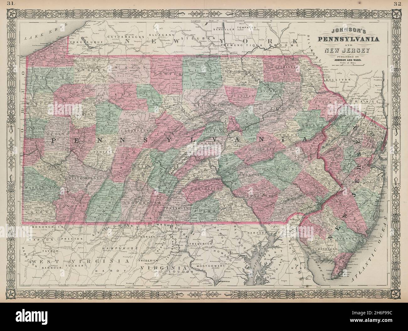 Johnson's Pennsylvania e New Jersey. Mappa dello stato DEGLI STATI UNITI che mostra le contee 1865 Foto Stock