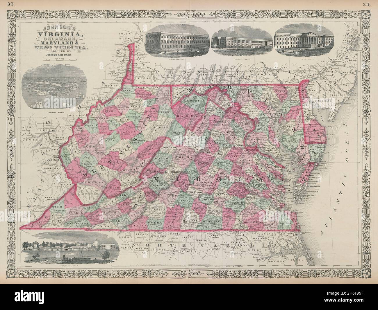 Johnson's Virginia, Delaware, Maryland e West Virginia. Contee 1865 vecchia mappa Foto Stock