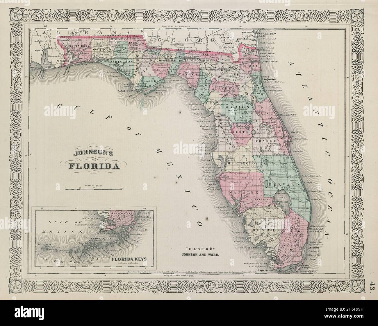 Johnson's Florida. Florida Keys. MAPPA dello stato DEGLI STATI UNITI che mostra le contee di 1865 anni Foto Stock