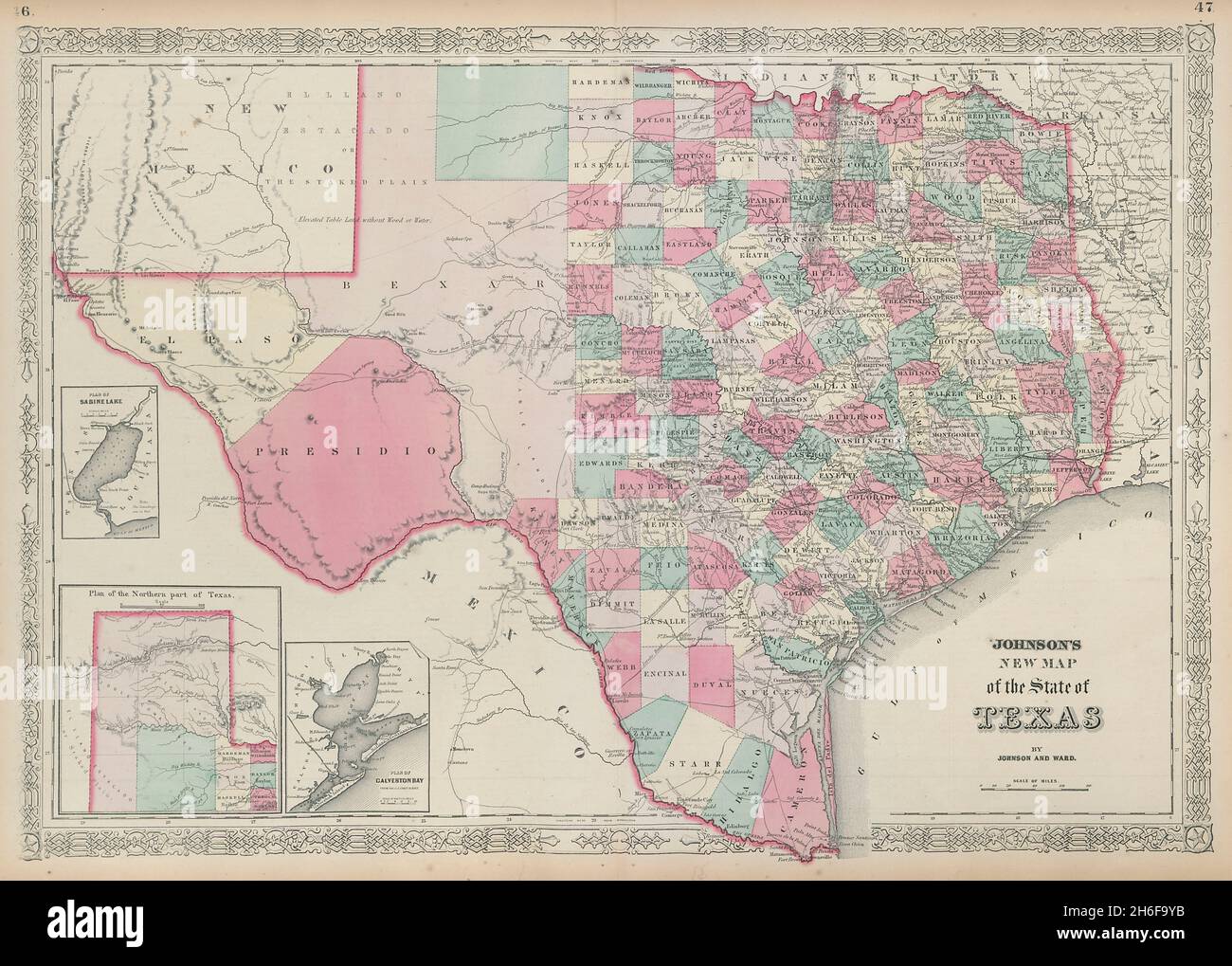 Nuova mappa di Johnson dello stato del Texas. Mappa dello stato DEGLI STATI UNITI che mostra le contee 1865 Foto Stock