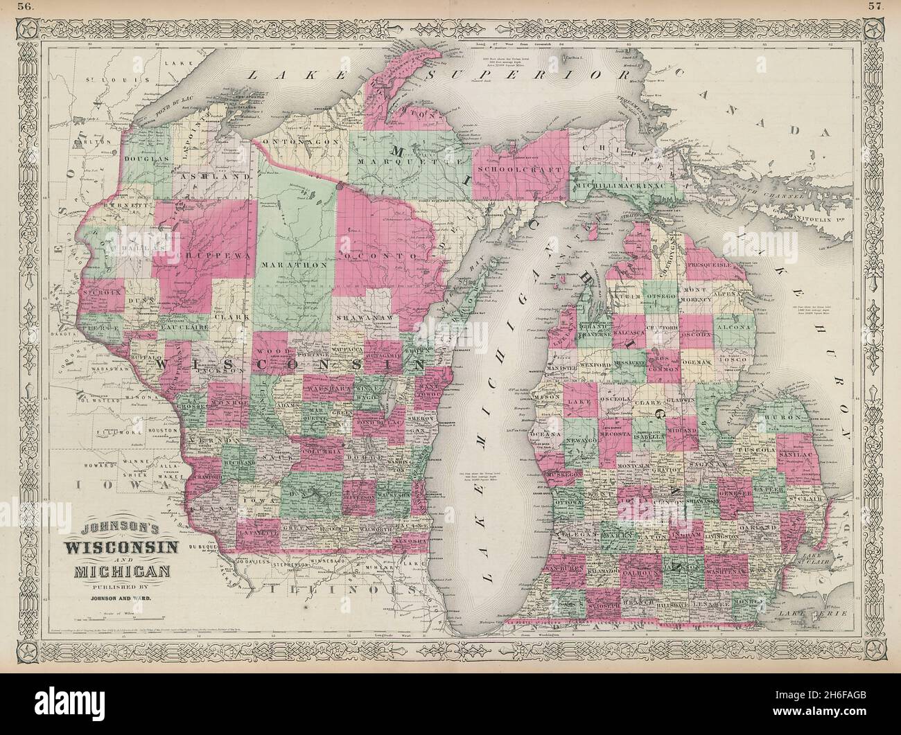 Johnson's, Wisconsin e Michigan. Mappa dello stato che mostra le contee. Grandi Laghi 1865 Foto Stock