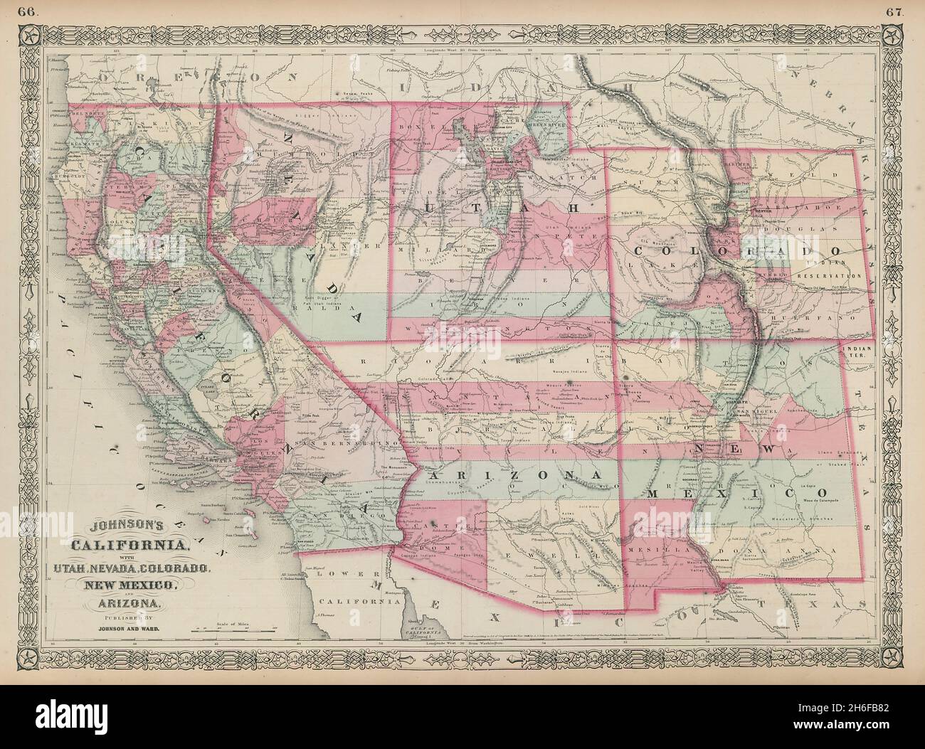 La California di Johnson con la mappa Utah, Nevada, Colorado, New Mexico e Arizona 1865 Foto Stock