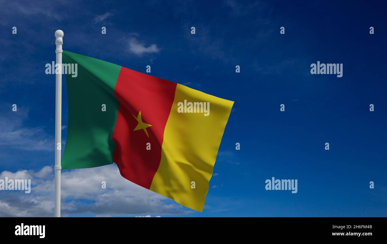 Repubblica del Camerun bandiera nazionale, sventolando nel vento. Rendering 3d, CGI Foto Stock