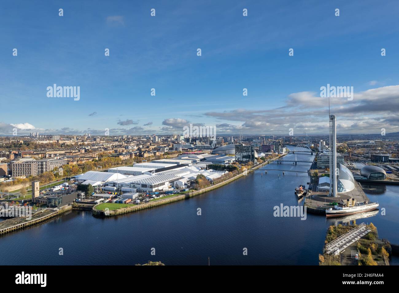 Vista aerea del COP26 Climate Summit Site a Glasgow presso il SEC Campus Foto Stock