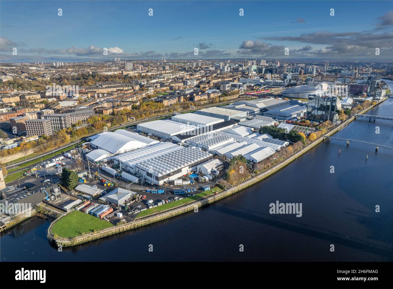 Vista aerea del COP26 Climate Summit Site a Glasgow presso il SEC Campus Foto Stock
