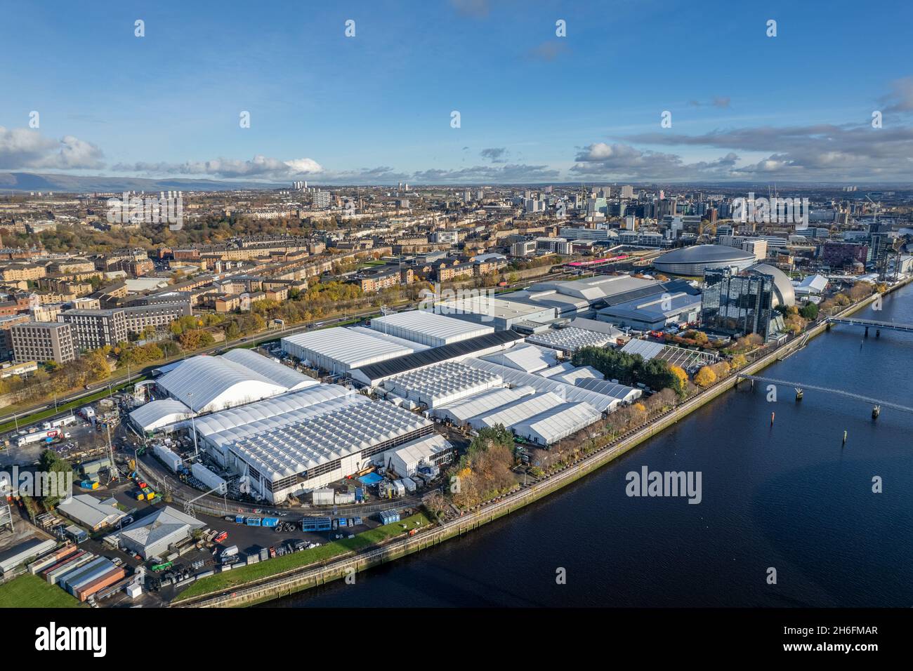 Vista aerea del COP26 Climate Summit Site a Glasgow presso il SEC Campus Foto Stock