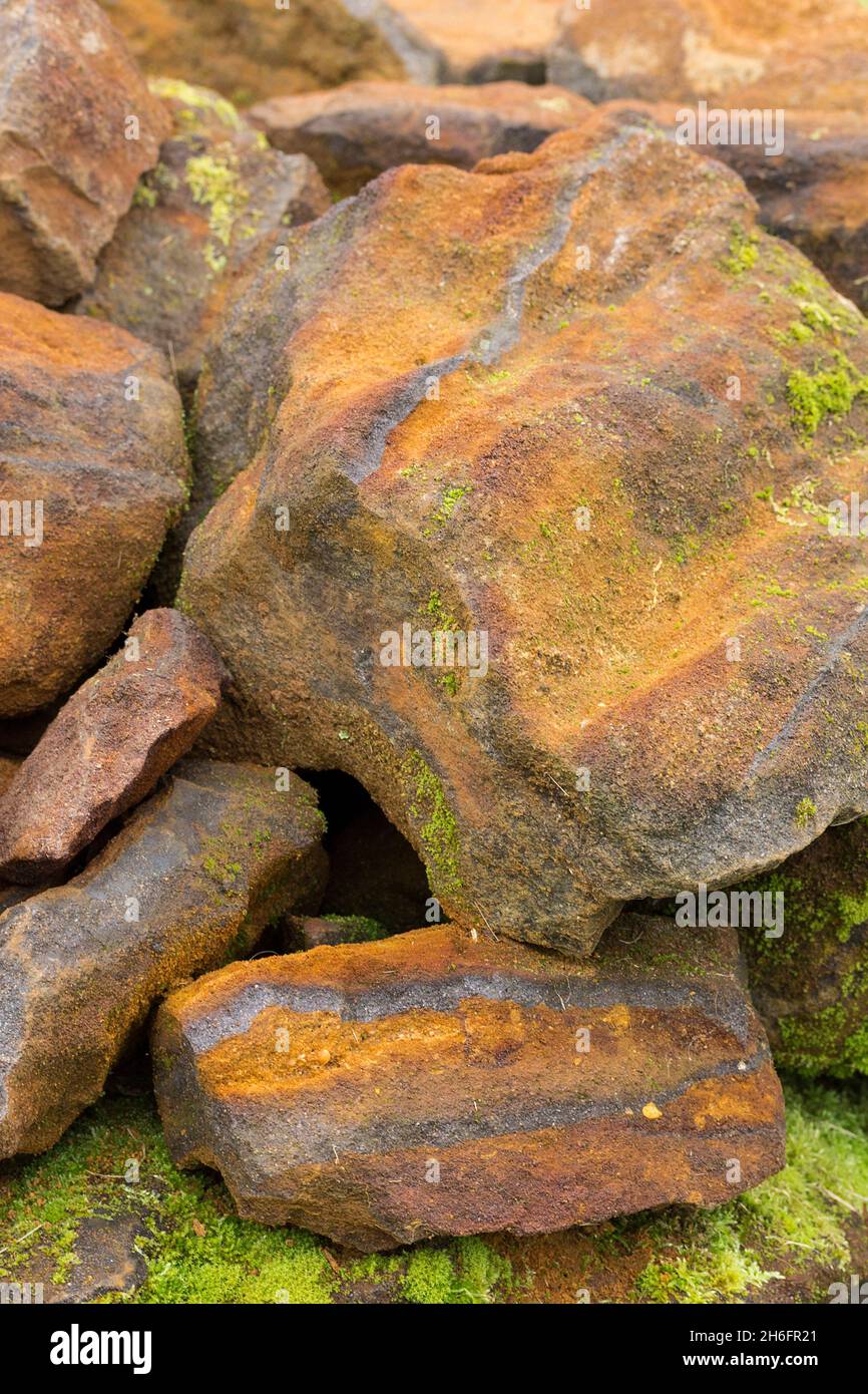 Pietra di ferro depositi minerali sedimentari di roccia con minerale di  ferro (FE) usati per fonderia commercialmente per fare metallo di ferro.  Argento a bande a nero rosso chert Foto stock -