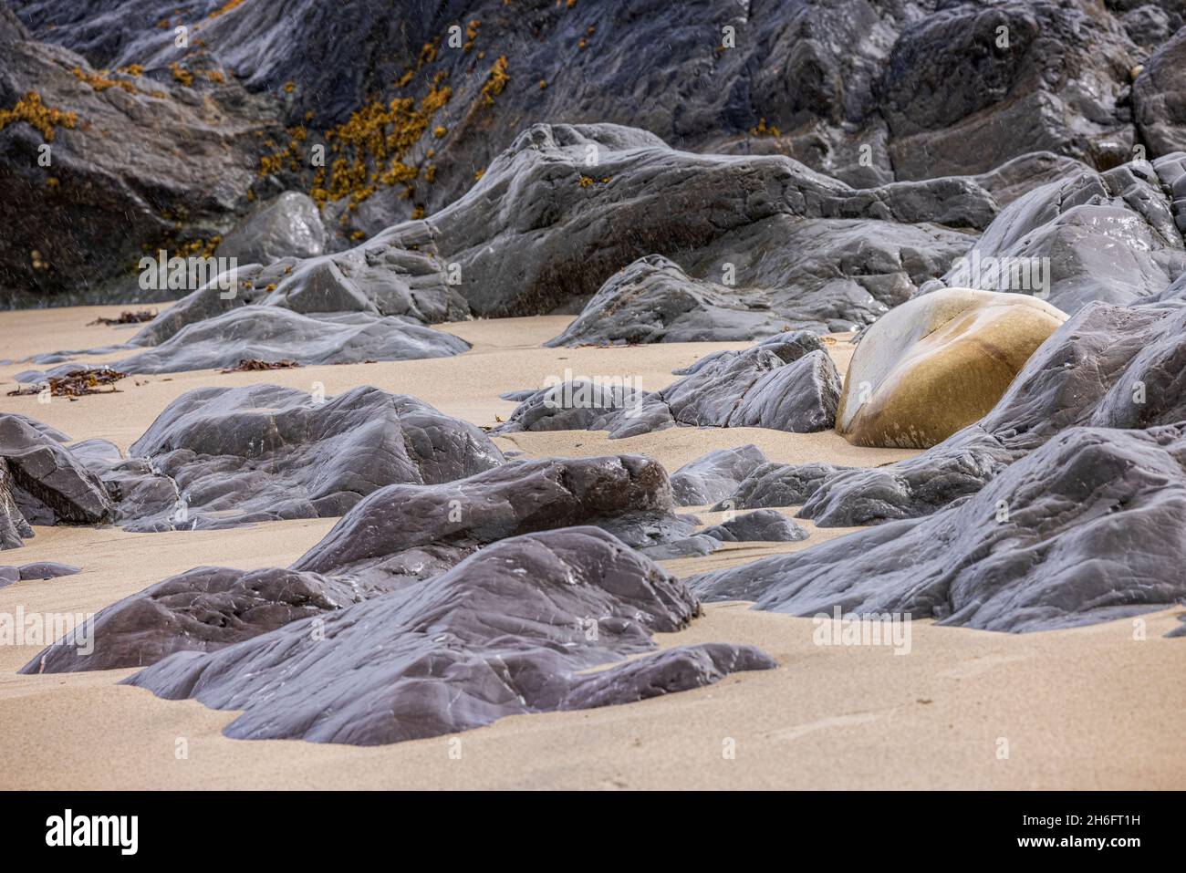 Rocce bagnate sulla spiaggia presso l'Old Head Louisburgh, County Mayo, Irlanda Foto Stock