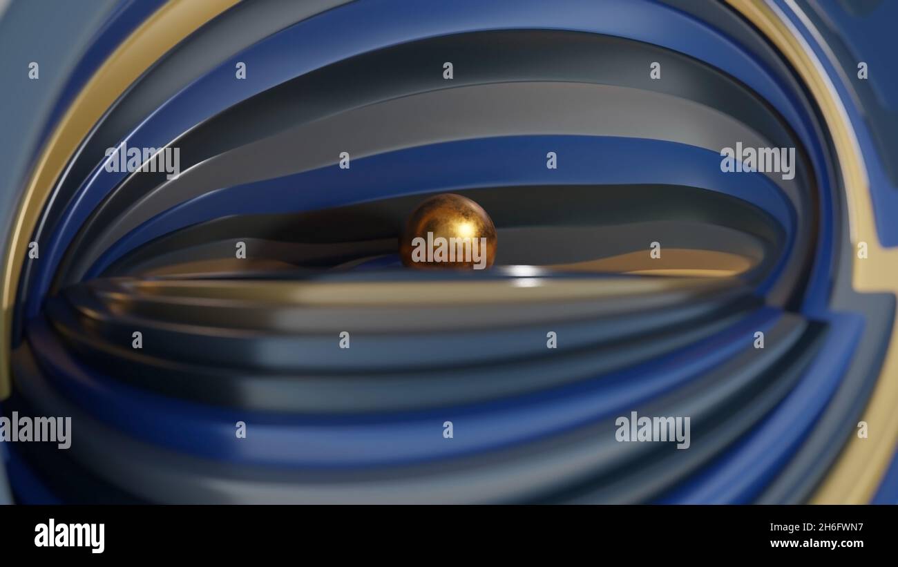 Design 3D digitale frattale.Abstract forma frattale di spirale blu oro marrone vortice vorticoso intorno alla sfera dorata levitating. Foto Stock