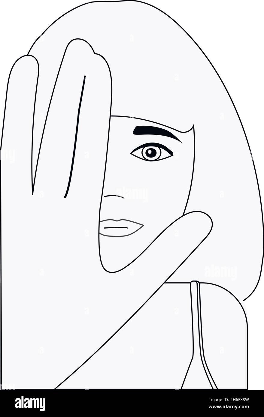 La ragazza seria sembra diritta. Arresta gesto. Grafica avatar Vector disegno a mano in bianco e nero. Illustrazione Vettoriale