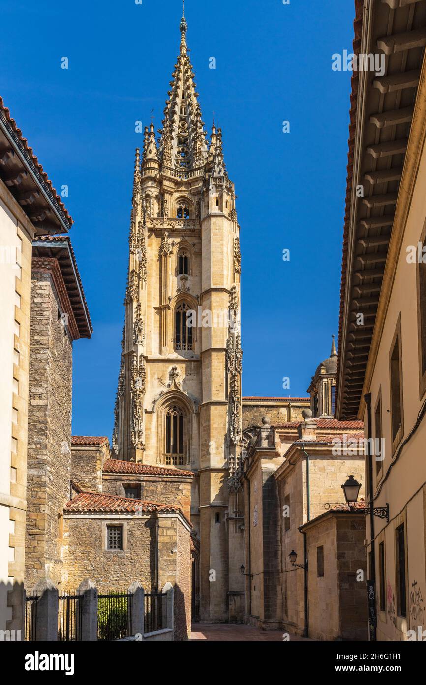 Vista della torre della Cattedrale di Oviedo, Uvieu, nelle Asturie. Foto Stock