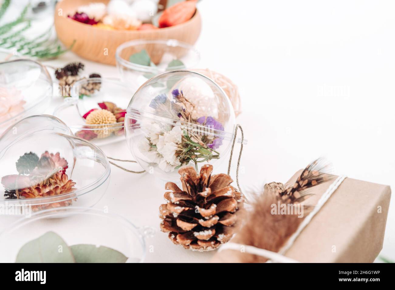 Imballo fai da te e ornamenti riempiti di fiori secchi su sfondo bianco con spazio vuoto per il testo. Idea di decorazione di Natale. Messa a fuoco selettiva. Foto Stock