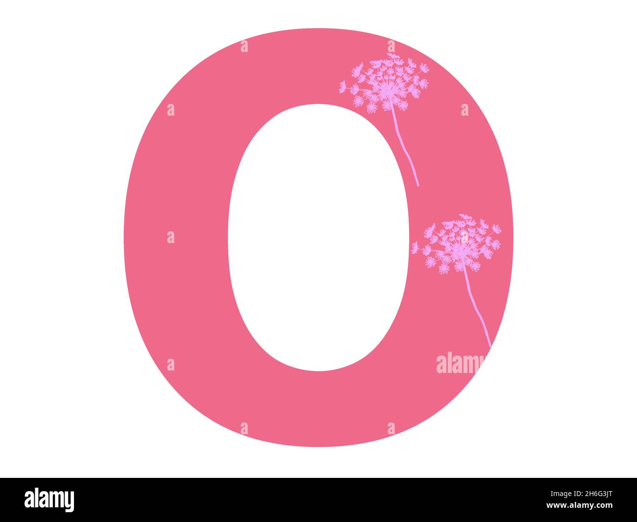 Lettera o dell'alfabeto realizzata con una silhouette di fiori rosa su sfondo rosa scuro, la lettera è isolata su sfondo bianco Foto Stock
