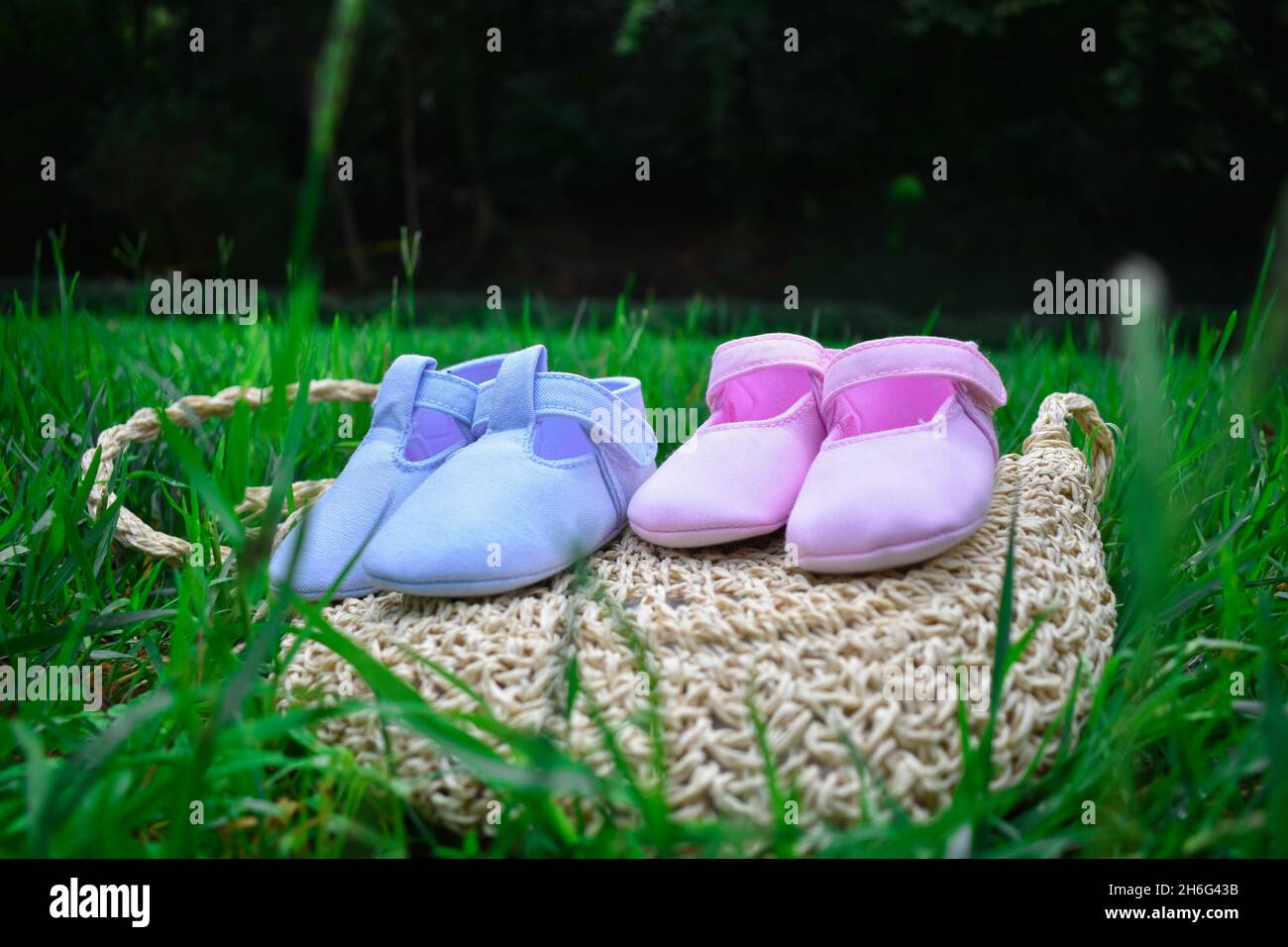 Scarpe per bambini rosa e blu su un sacchetto di vimini su erba verde fresca Foto Stock