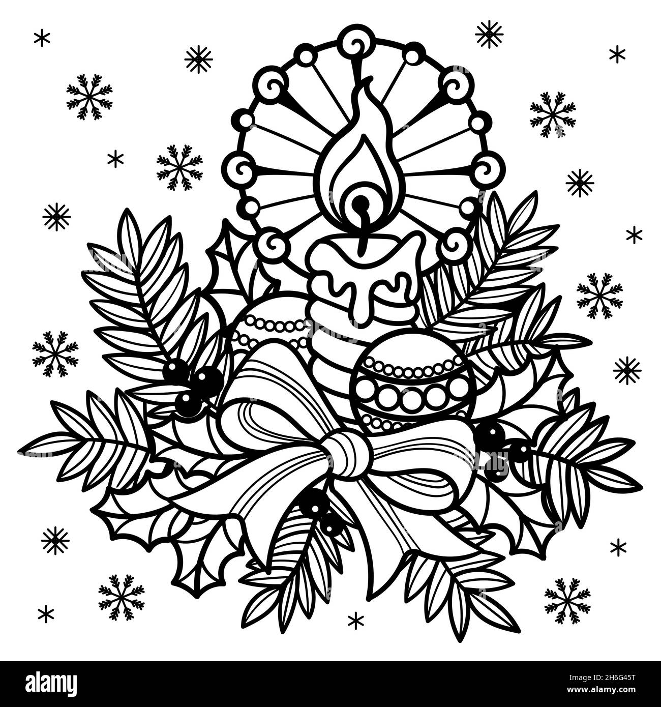 Natale, Capodanno composizione in stile doodle. Lineare in bianco e nero. Vettore Illustrazione Vettoriale