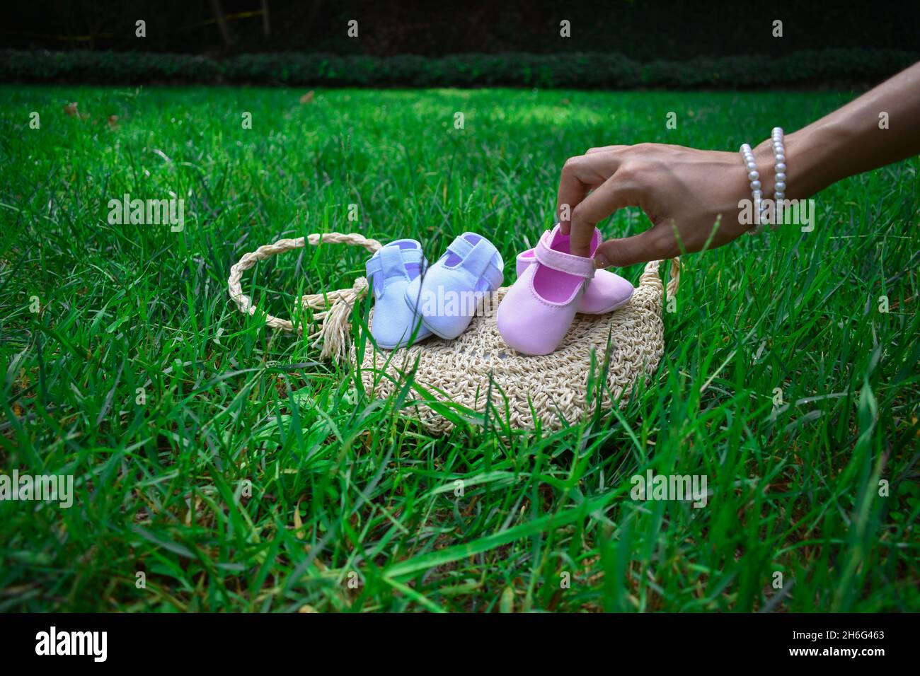 Futura mamma che tiene scarpe rosa per bambini in un parco Foto Stock