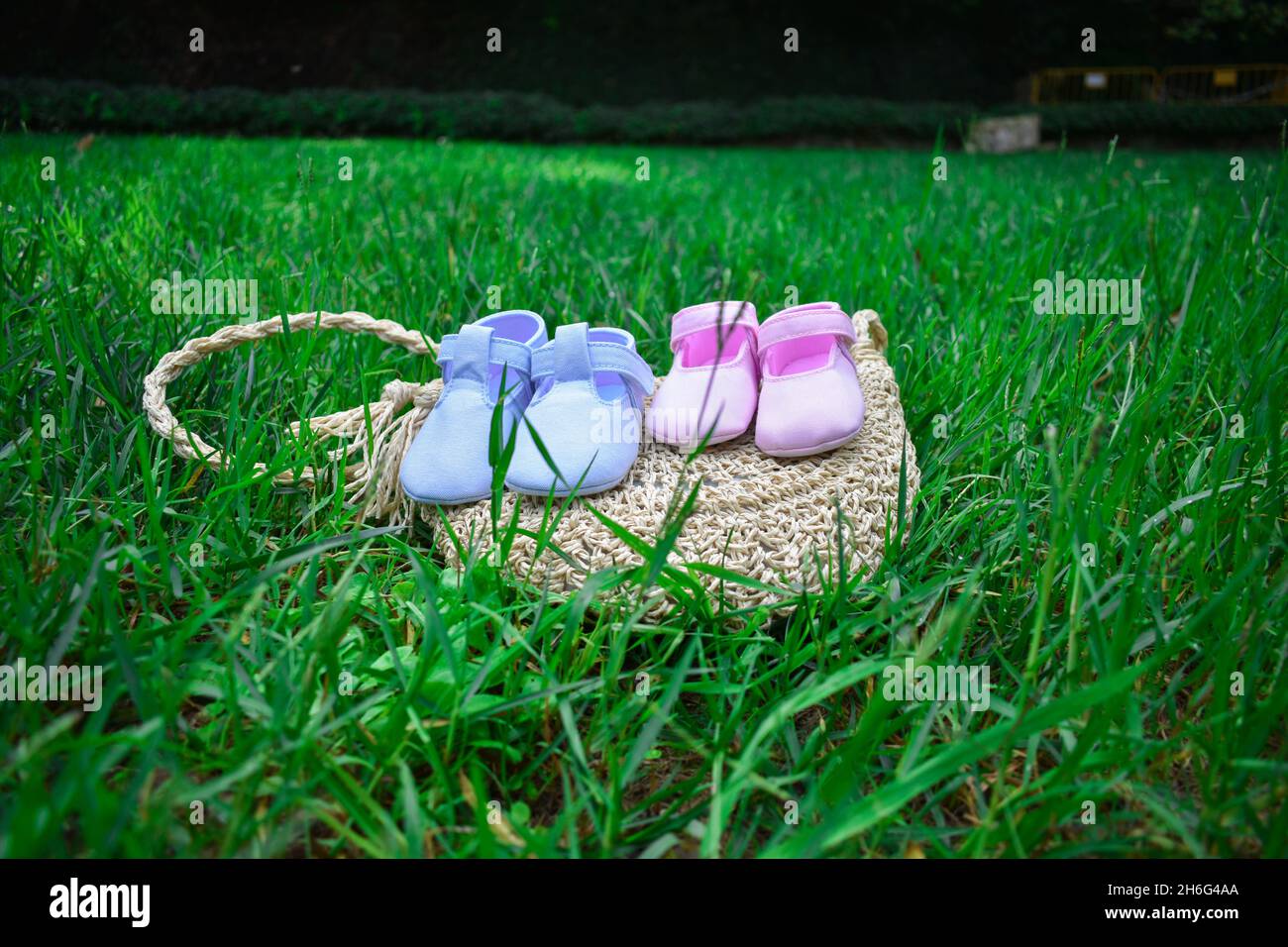 Scarpe per bambini rosa e blu su un sacchetto di vimini su erba verde fresca Foto Stock