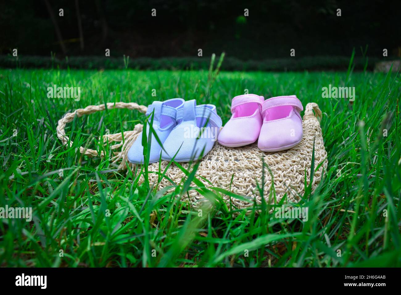 Scarpe per bambini rosa e blu su un sacchetto di vimini su erba verde fresca Foto Stock