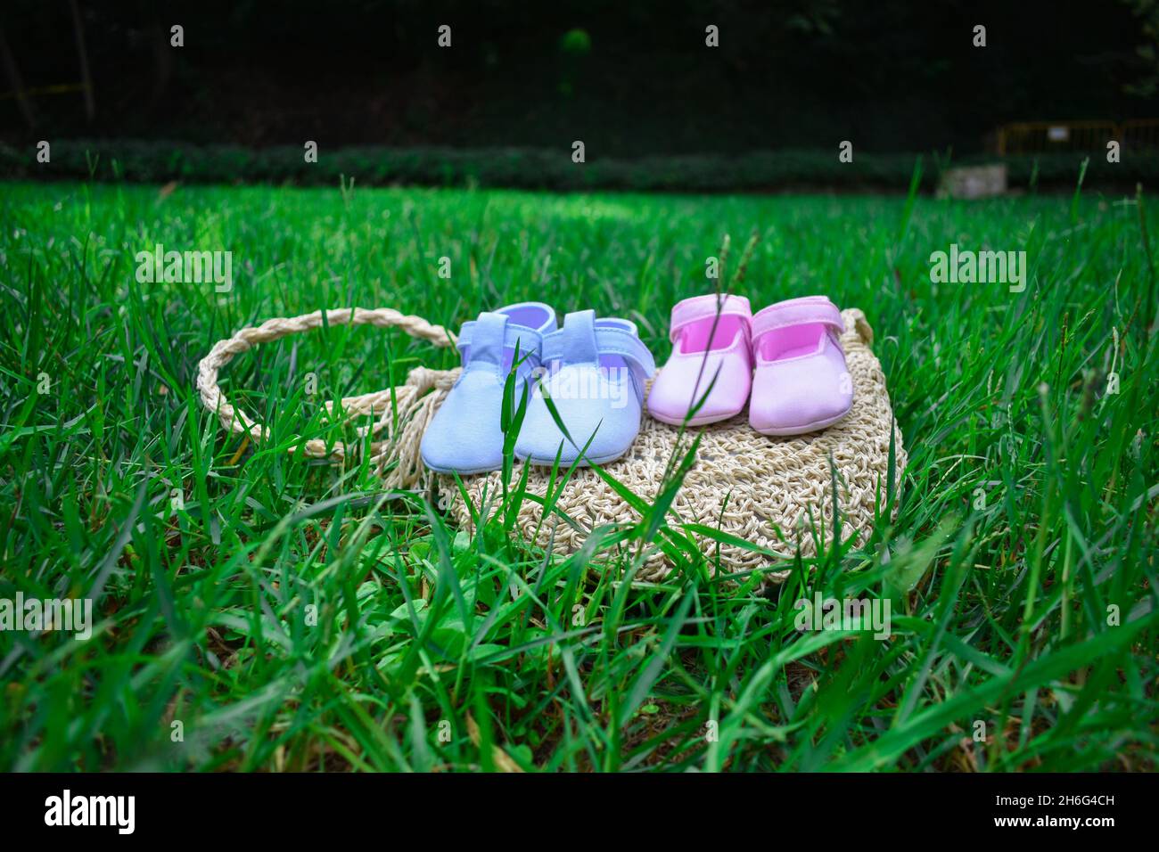 Scarpe per bambini rosa e blu su un sacchetto di vimini su erba verde fresca Foto Stock