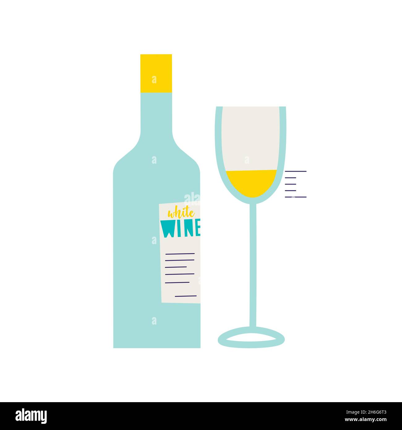 Bottiglia di vino bianco. Dose di degustazione di vino versato in un bicchiere. Illustrazioni isolate vettoriali trendy per il design. Illustrazione Vettoriale