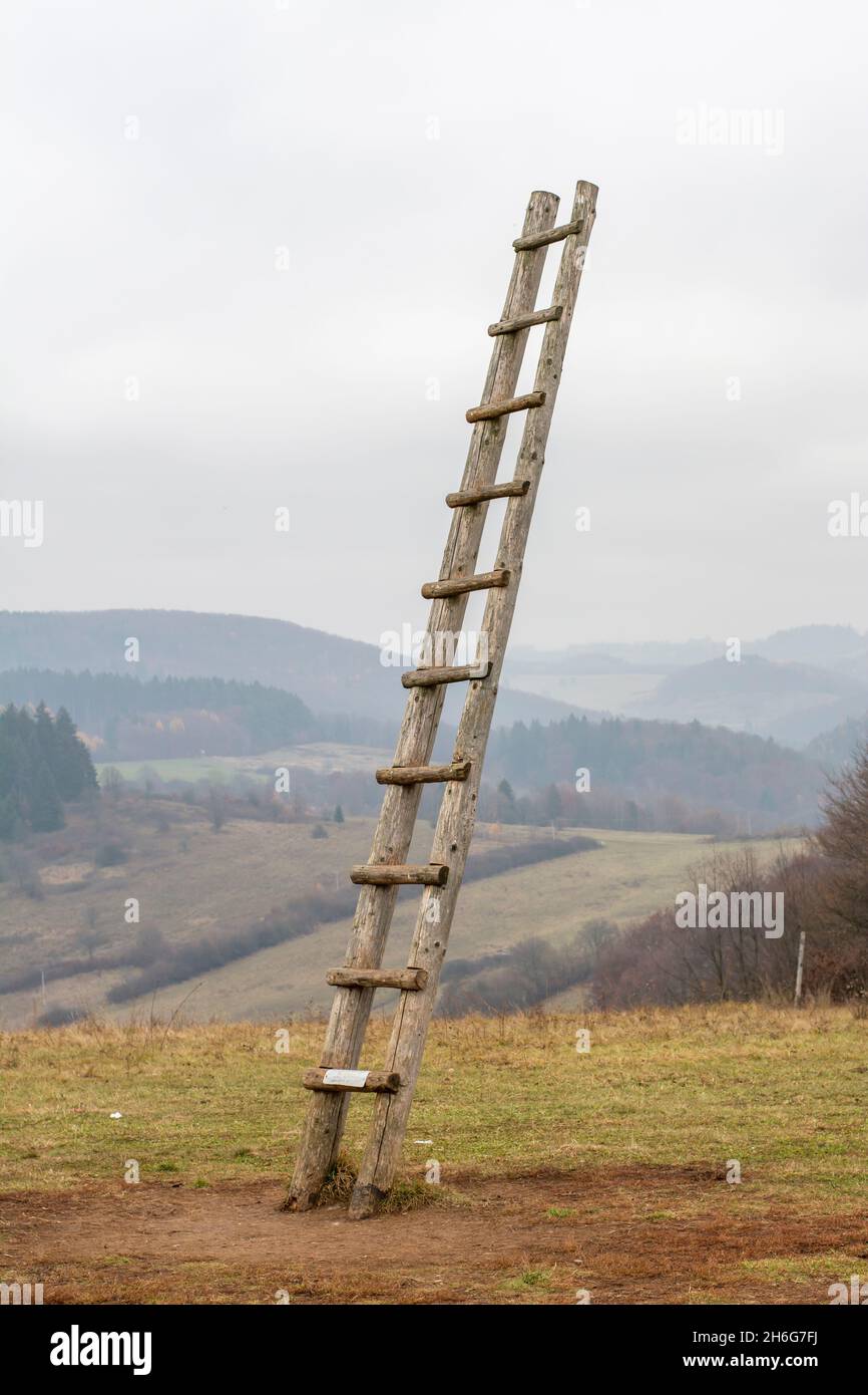 Vecchia scala in legno sul prato che conduce in alto nel cielo. Scala al cielo. Simbolo di carriera. Foto Stock