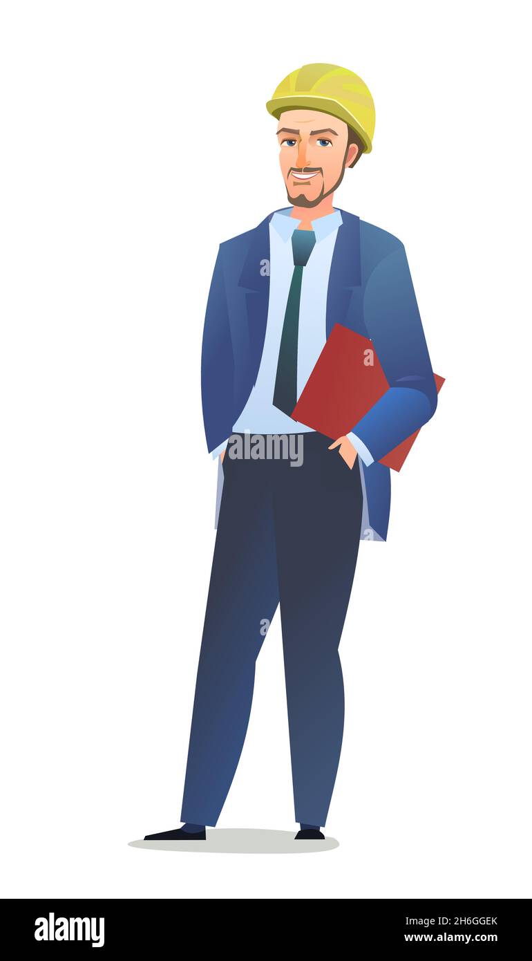 Uomo ingegnere in tuta e casco protettivo. Addetto all'ufficio in cantiere. Persona allegra. Posa in piedi. Stile fumetto fumetto a carattere singolo Illustrazione Vettoriale