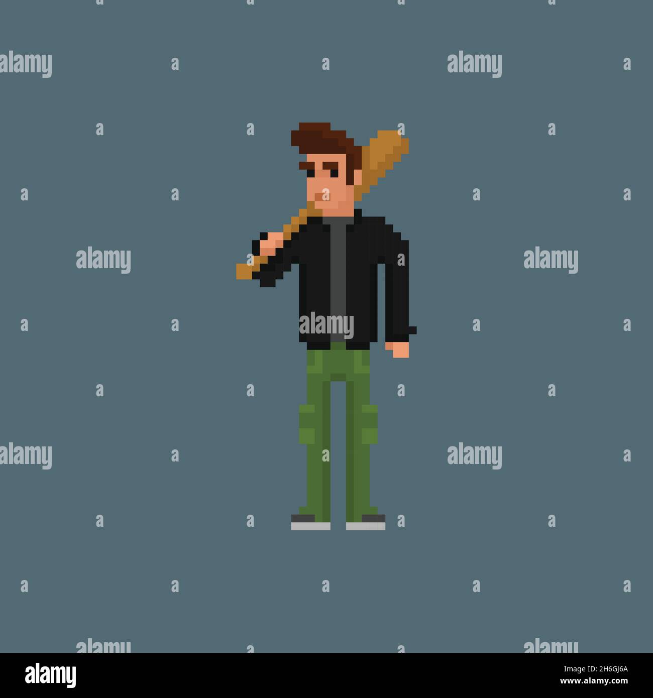 Personaggio criminale gangster. Uomo che tiene un pipistrello indossando giacca in pelle nera e pantaloni cargo, personaggio artistico a 8 bit pixel. Mafia, gangster thug retro Illustrazione Vettoriale