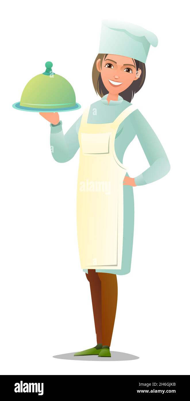 Cuoco femminile in tute. Ragazza da cucina in un grembiule. Persona allegra. Posa in piedi. Stile fumetto cartoon design piatto. Carattere singolo Illustrazione Vettoriale