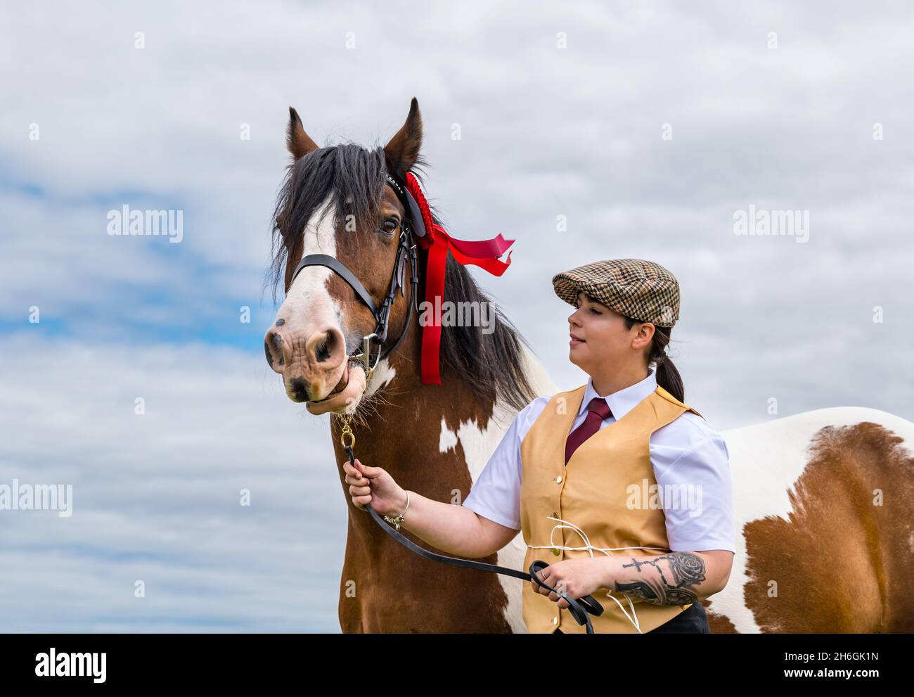 Spettacolo estivo di cavalli: Una donna che indossa una berretto piatto con un COB zingaro e una rosetta per il primo premio, East Lothian, Scozia, Regno Unito Foto Stock