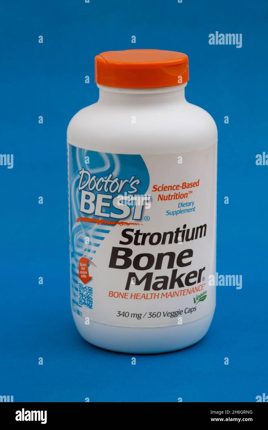 Stronzio (naturalmente presente nelle ossa), integratore alimentare, per la salute delle ossa e il trattamento dell'osteoporosi. A volte viene utilizzato come sostituto del calcio. Foto Stock