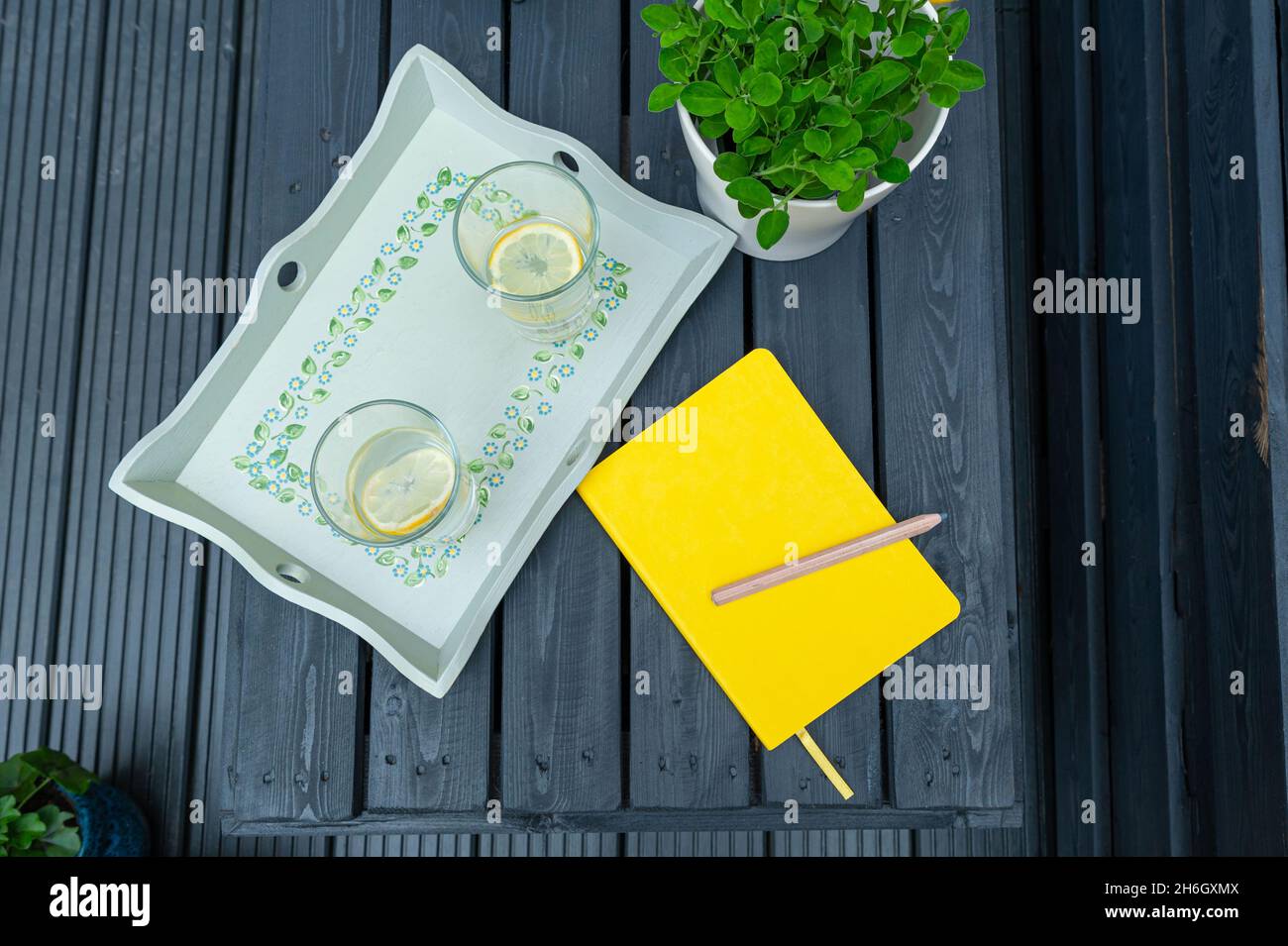 Piatto con un libro giallo per spazio copia su sfondo mobili nero legno giardino. Foto Stock