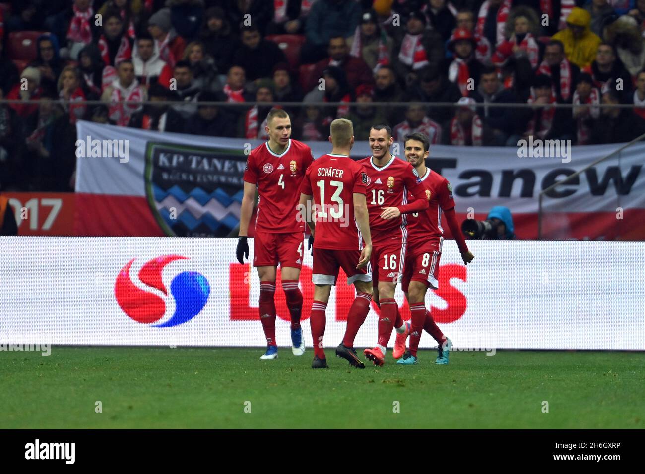 VARSAVIA, POLONIA - 15 NOVEMBRE 2021: Coppa del mondo 22 Qatar qualificazione gropup stage match Polonia - Ungheria, Daniel Gazdag (Ungheria) celebra il suo obiettivo Foto Stock