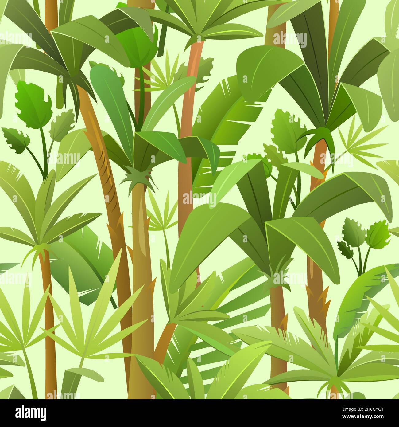 Sfondo tropicale grazioso con foglie di giungla. Ispessimenti con palme in stile cartone animato. Modello senza giunture nella giungla. Paesaggio con vettore foresta pluviale. Illustrazione Vettoriale