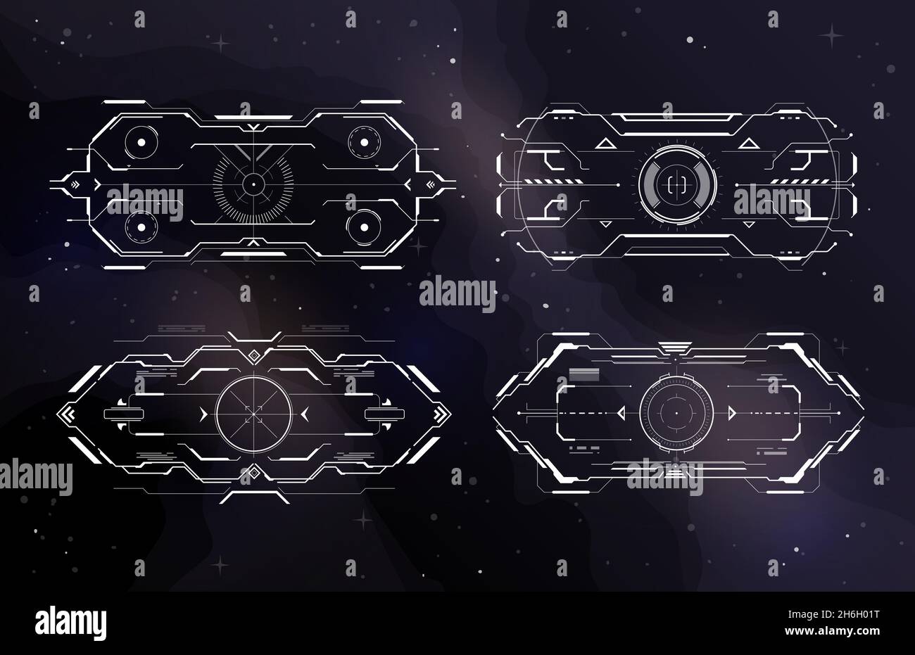 Interfaccia del frame di controllo di puntamento HUD futuristico schermo di destinazione. Monitor vettoriali per sci-fi, elementi tecnologici digitali UI, puntamento ottico militare della navicella spaziale. Colli Illustrazione Vettoriale